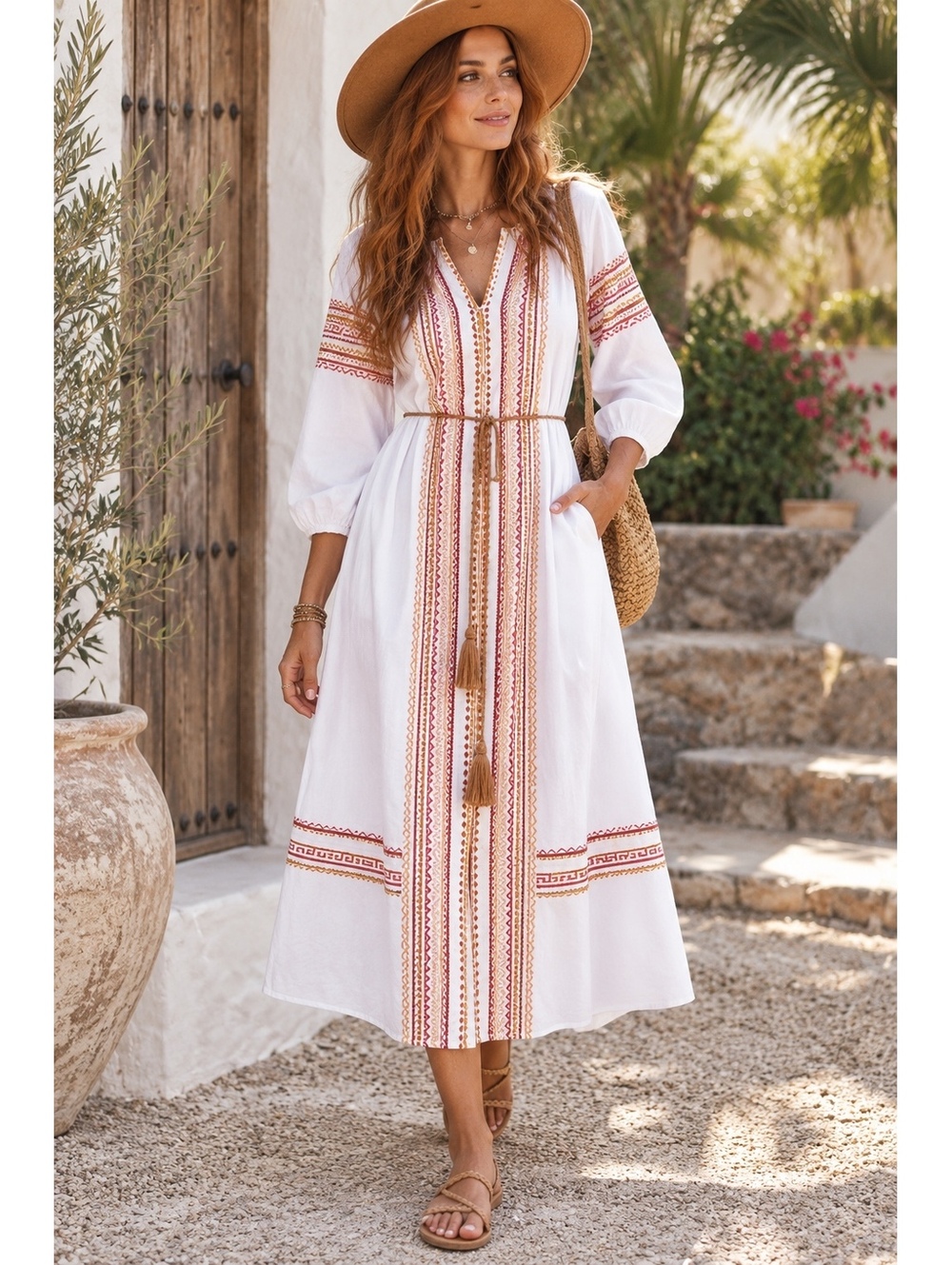 Zara NWT White Embroidered Boho Dress Size S Tassel Belt